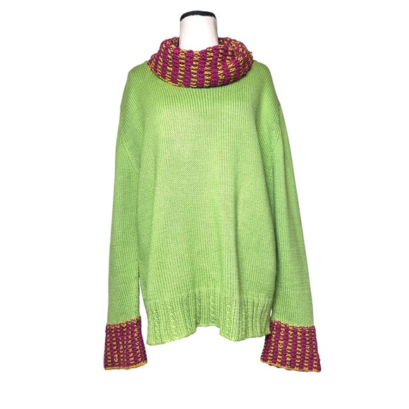 Vtg Rey Wear Hand Knit Green Sweater Women XL Sweater Boho Cabincore Artisinal - Picture 1 of 10
